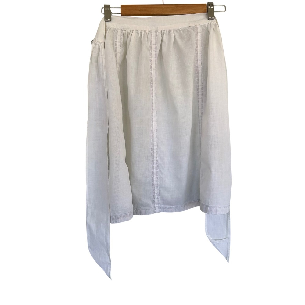 Vintage 70s Cottagecore Half Apron Women OS White Brown Gold Geometric Trim - Picture 6 of 7